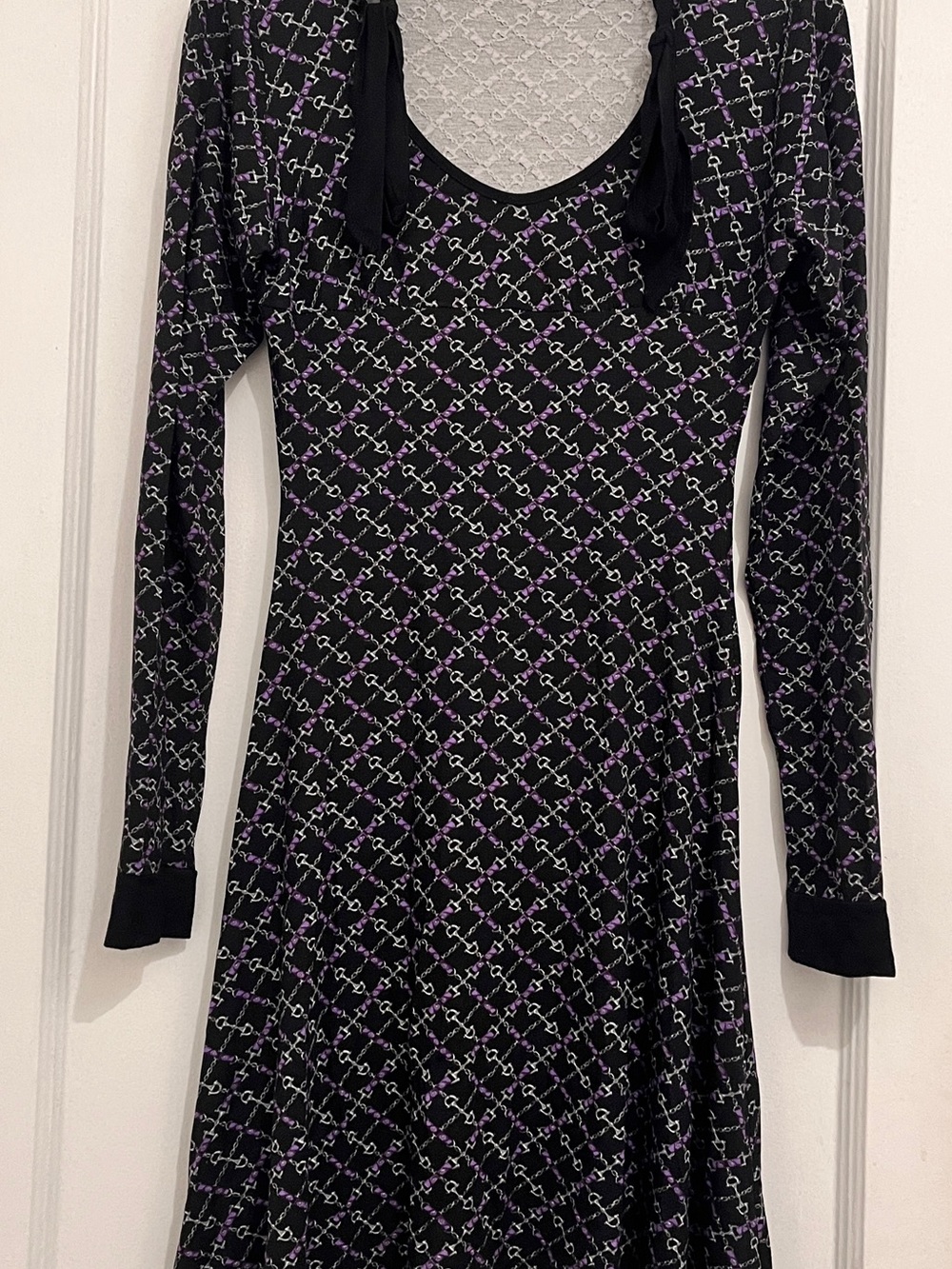 Black Long-Sleeve Dress with Purple Chain-Link Print